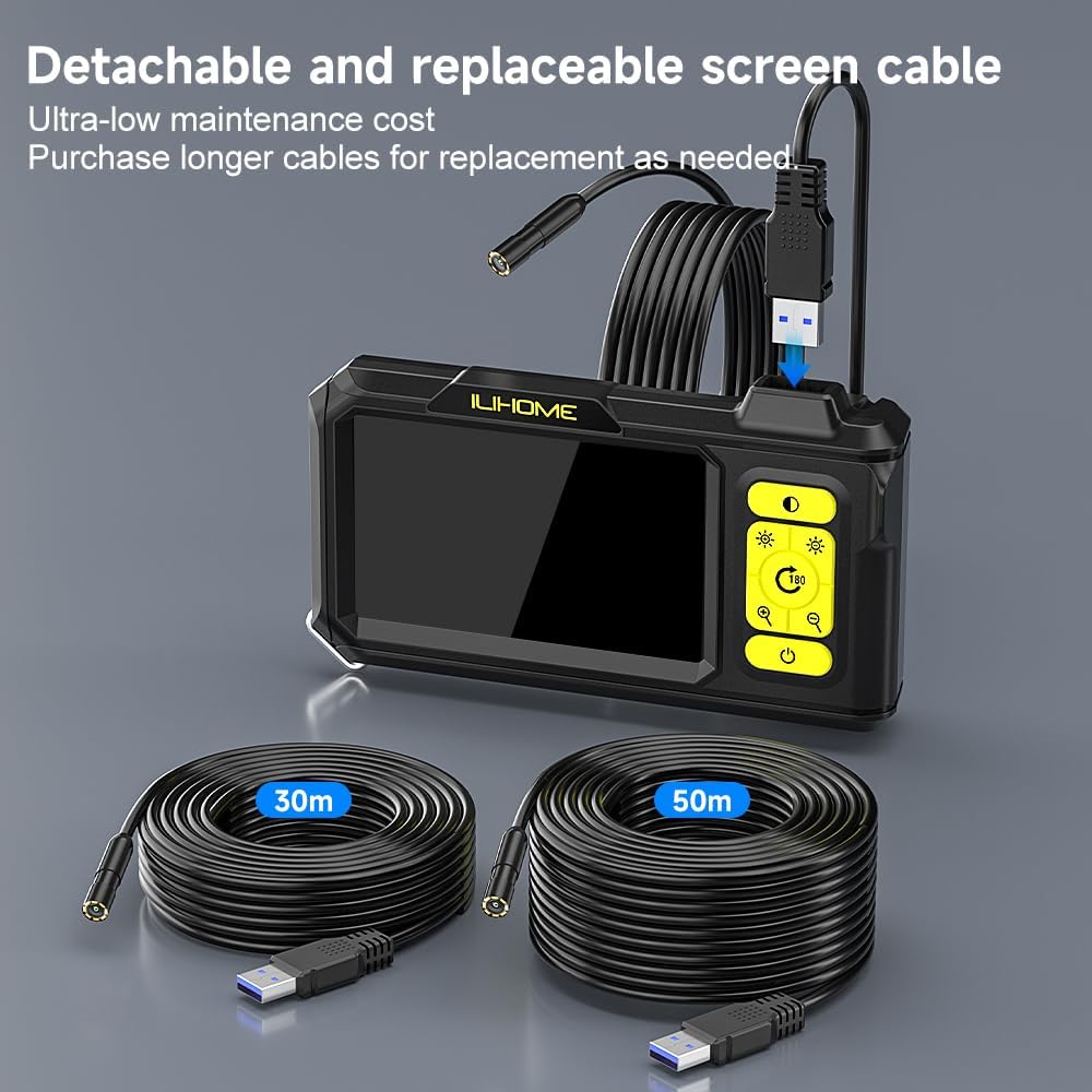 Telecamera endoscopio a doppia lente con luce ILIHOME industriale, telecamera di ispezione 4,3 HD IPS, schermo impermeabile, telecamera a serpente, canale endoscopio con 8 + 1 LED luce 5 m