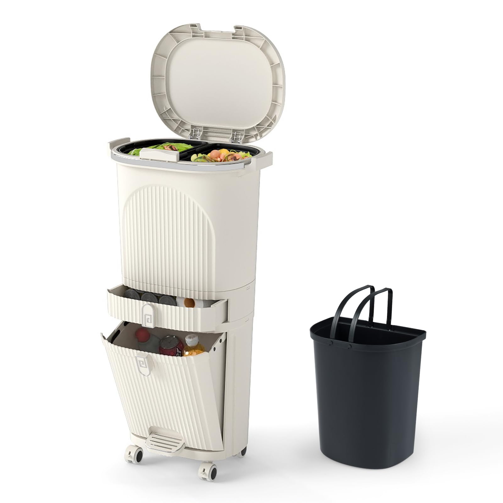 GOPLUS Cubo de Basura Cocina 42 L con 3 Compartimentos, Pedal y Ruedas, Cubo Basura con Tapa, 2 Cubos Extraíbles y Cajón, Contenedor Vertical para Reciclaje para Salón, Baño, Beige