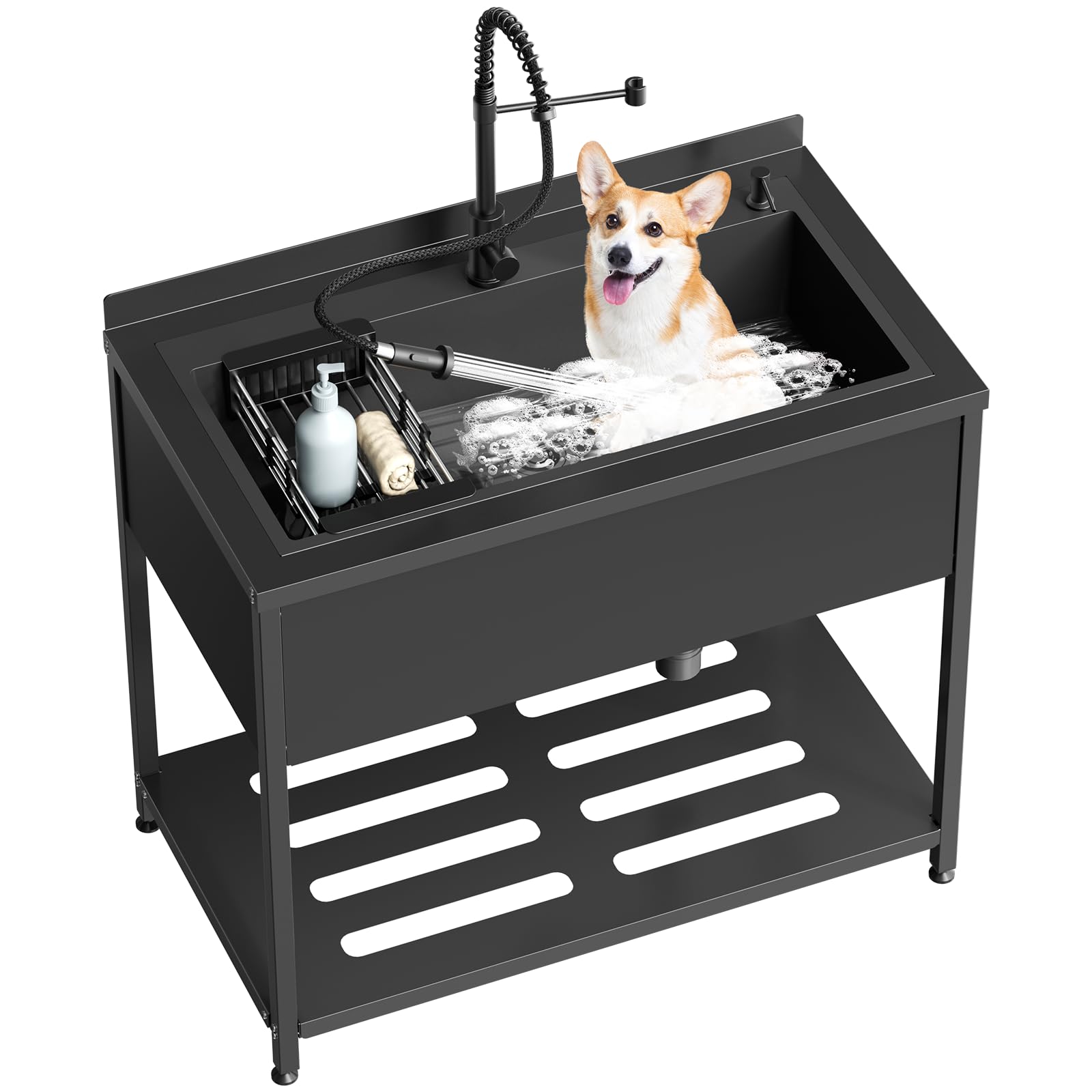 Stainless Steel Utility Sink, 41.7" × 23.2" × 38.9"Freestanding Sink with Cold and Hot Water Faucet,Hoses and Drain Kit for Kitchens, Bathrooms, Garage, Laundry Room