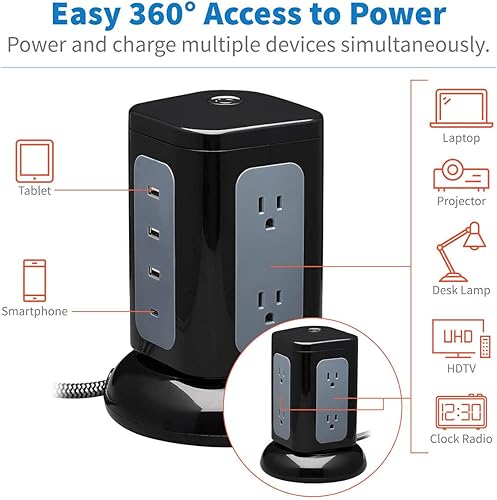 Miniatura 11 de Tripp Lite TLP606UCTOWER - Torre de protección contra sobretensiones con puertos USB, 1800 julios, 6 tomas, 3 USB-A + 1 USB-C, cable de 8 pies,