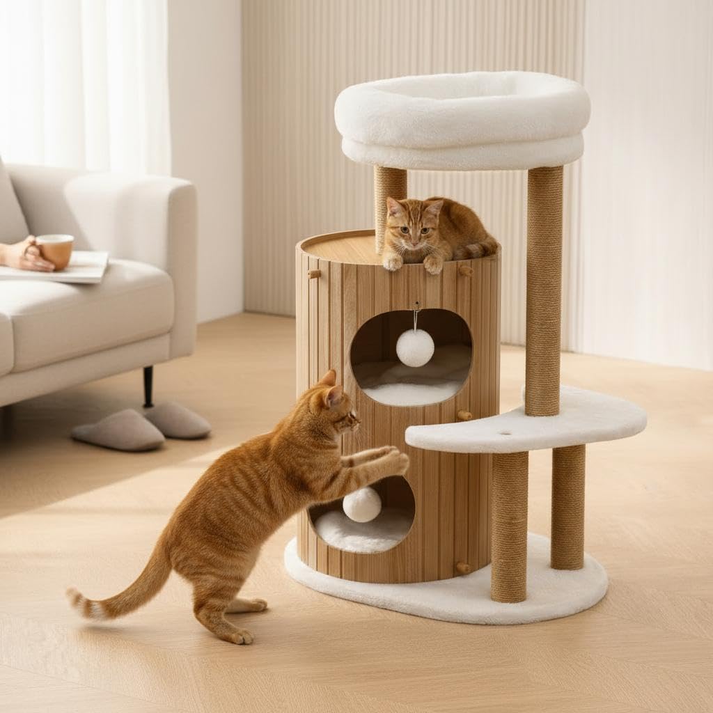 Rascador para Gatos de Madera con Cueva, Cama Superior Suave y Postes de Sisal, Estilo Tronco, 40x60x90 cm