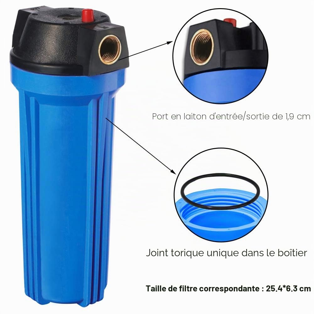 Geekpure 10" Standard Boîtier Bleu pour Filtre 2,5" x 10" -3/4" Femelle BSP Entrée/Sortie avec Clé de Décompression et Support