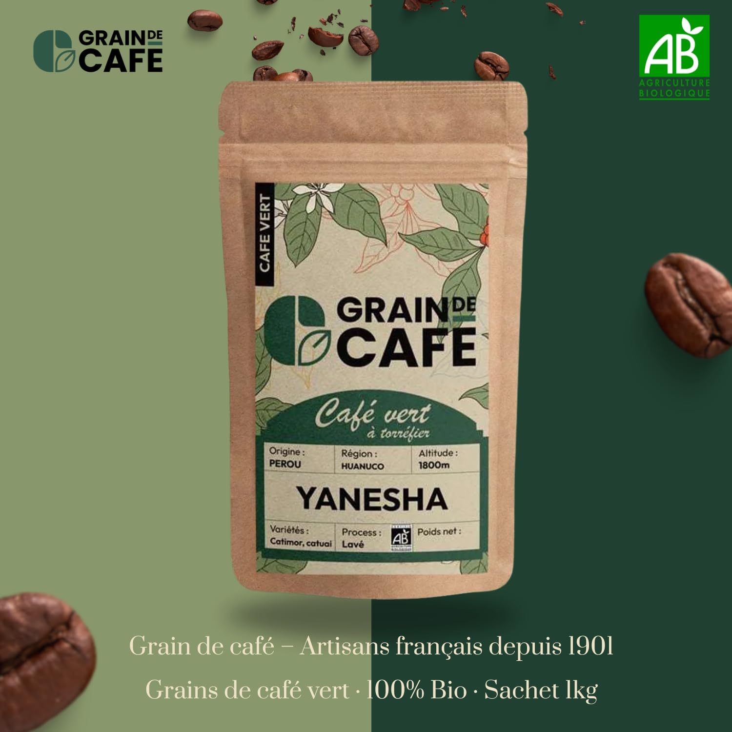 Graindecafé – Café Vert Pérou Yanesha 1kg | 100% Arabica Non Torréfié | Notes De Cacao Et Miel | Idéal Machine À Grain Une Fois Torréfié