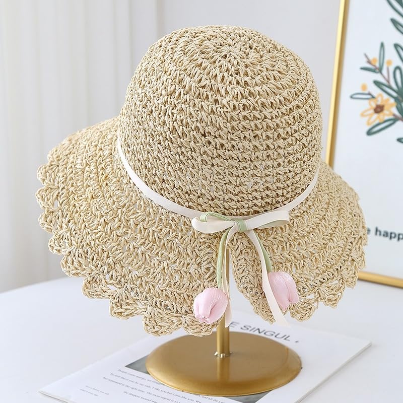 Sombrero de Paja para Mujer,ala Ancha,con Decoración de Tulipanes,Plegable,Flexible,para Playa,para Viajes,Vacaciones de Verano,Suave,Ligero y Transpirable