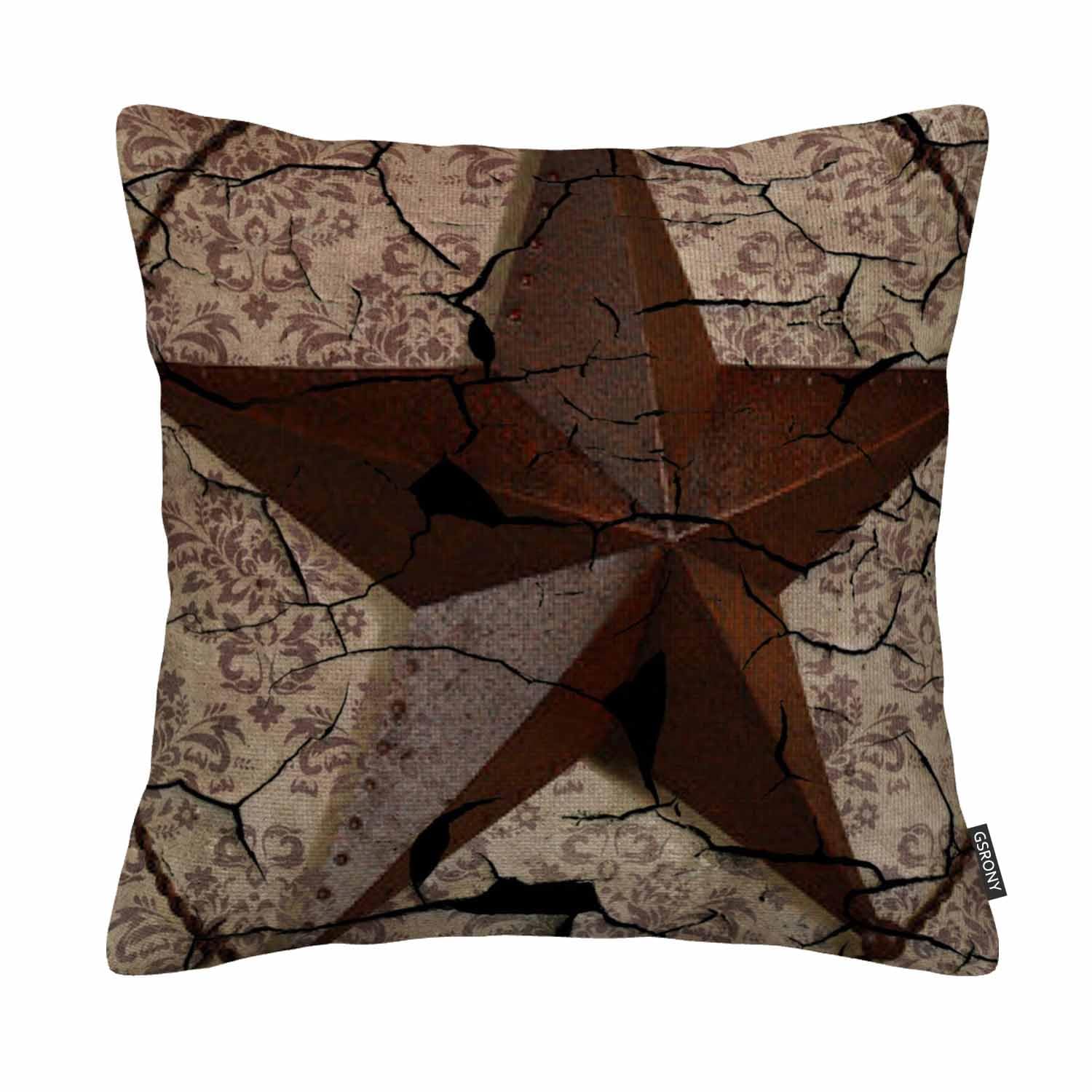 Gsrony Brown Star Throw Pillow Covers Grunge Rustic Texas Star Western Country Art Cushion Pillow Case Home Decor Pillowcase 18X18 Inches