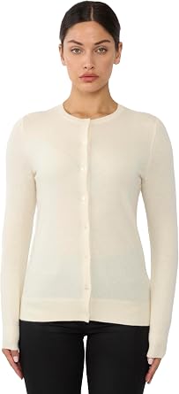 JENNIE LIU Womens 100% Cashmere Button Front Long Sleeve Crewneck Cardigan Sweater