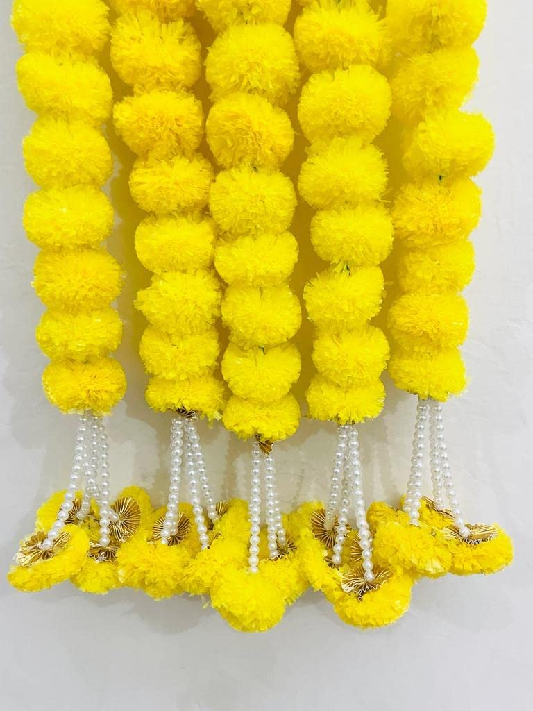 SPHINX Artificial Marigold Fluffy Flowers with Gota and Off-White Pearls/Beads Garlands/Strings for Festive Pooja Wedding Housewarming Decorations Approx. 4.75ft (Yellow)