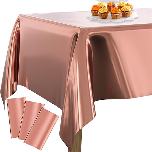 PartyWoo Mantel rectangular de aluminio color oro rosa, paquete de 3 manteles rectangulares de 54 x 108 pulgadas, mantel de aluminio para mesa de 6