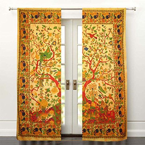 Sophia Art Lot de 2 rideaux indiens en forme d'arbre de vie mandala bohème - Décoration à suspendre pour fenêtre, porte (doré) Cover