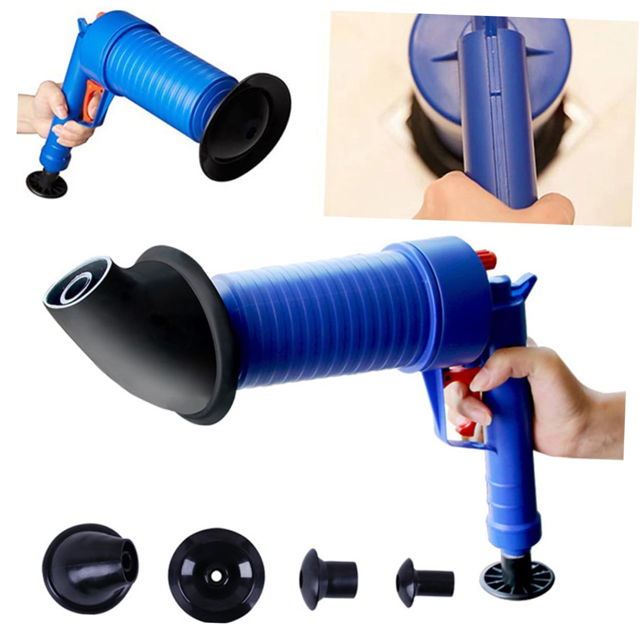 Déboucheur à Air Comprimé avec Ventouse et Brosse Kit pour Nettoyage de Canalisations Toilettes et Évier Bleu