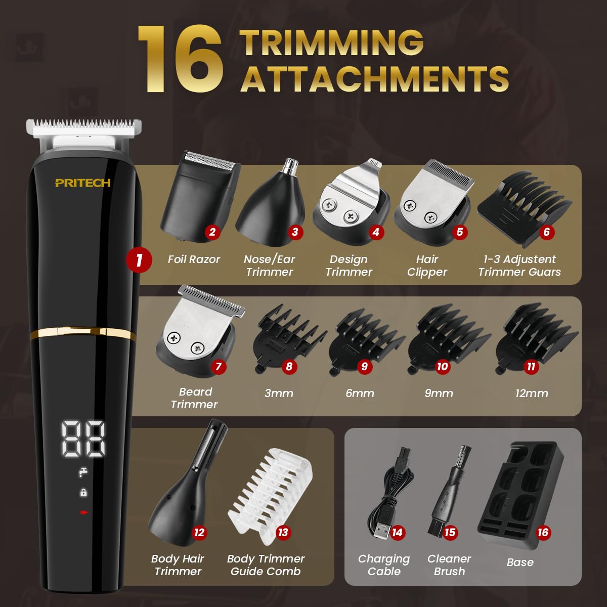 PRITECH Recortadora de barba para hombre, kit de recortadora de barba 6 en 1, recortadora de barba eléctrica con cabello, precisión, cuerpo, nariz, navaja de aluminio, kit de aseo impermeable IPX6