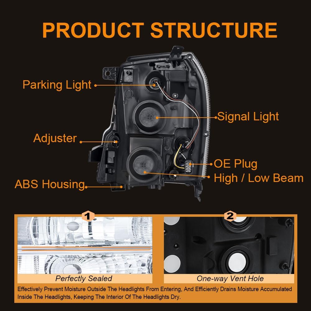 Headlight Assembly, Headlights Kit Compatible with 2007-2014 Cadillac Escalade/2007-2014 Escalade ESV/2007-2013 Escalade EXT Replacement Headlamp Black Housing Amber Reflector