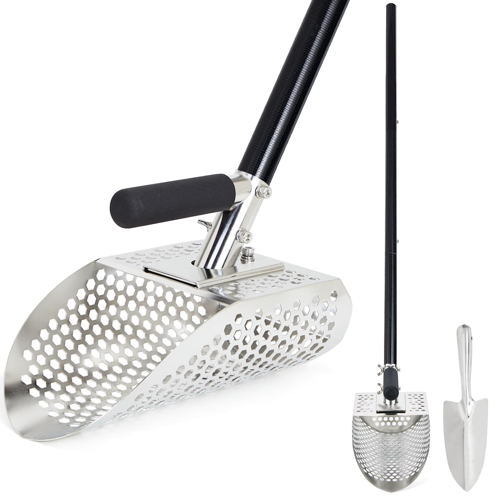 PAMLIAPY Sand Scoop for Metal Detecting, Metal Detector Scoop with Long Fiberglass Handle, Stainless Steel Sand Sifter, Sand Flea Rake, Metal Detector Accessories, Metal Detecting Shovel Black