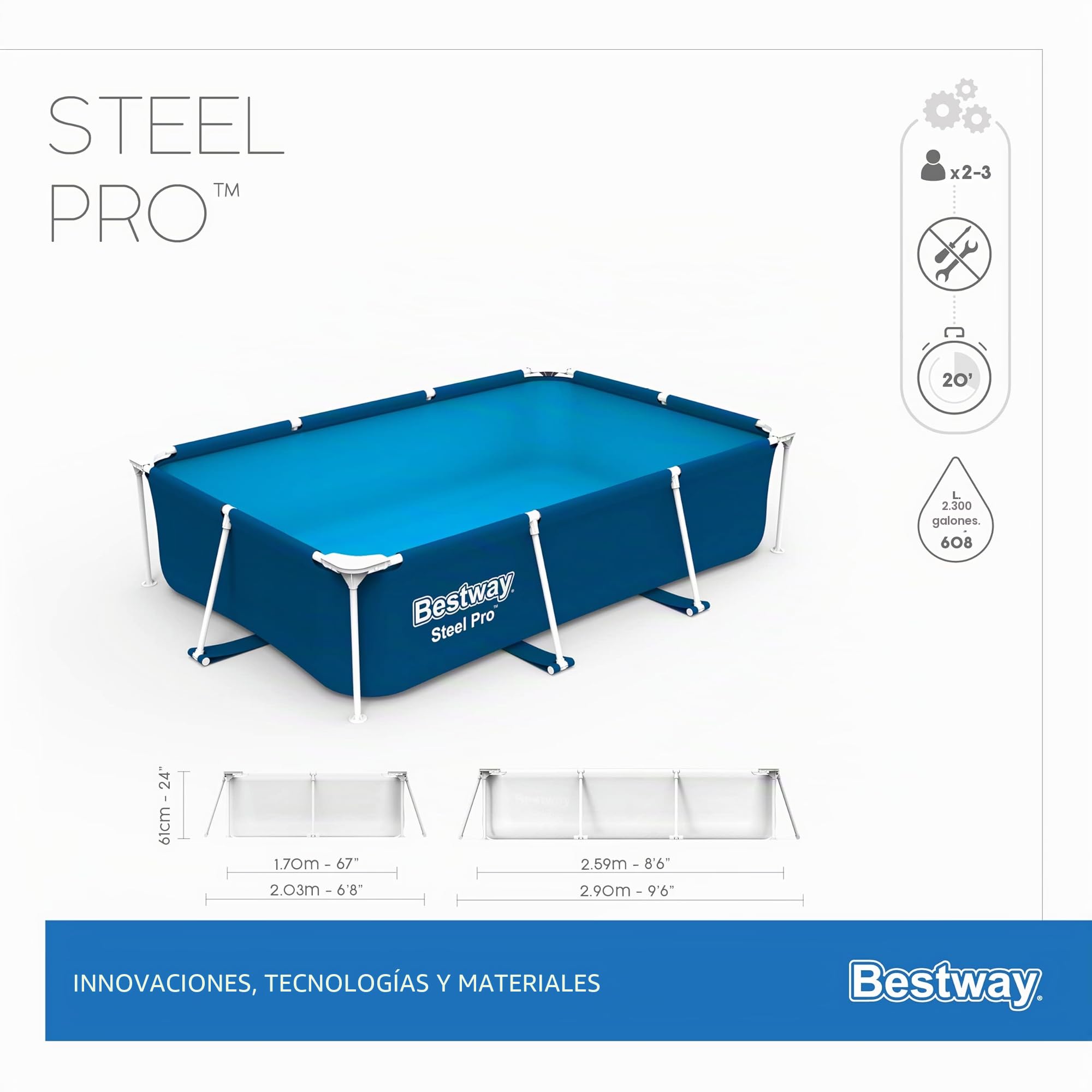 8'6" x 67" x 24"/2.59m x 1.70m x 61cm Pool
