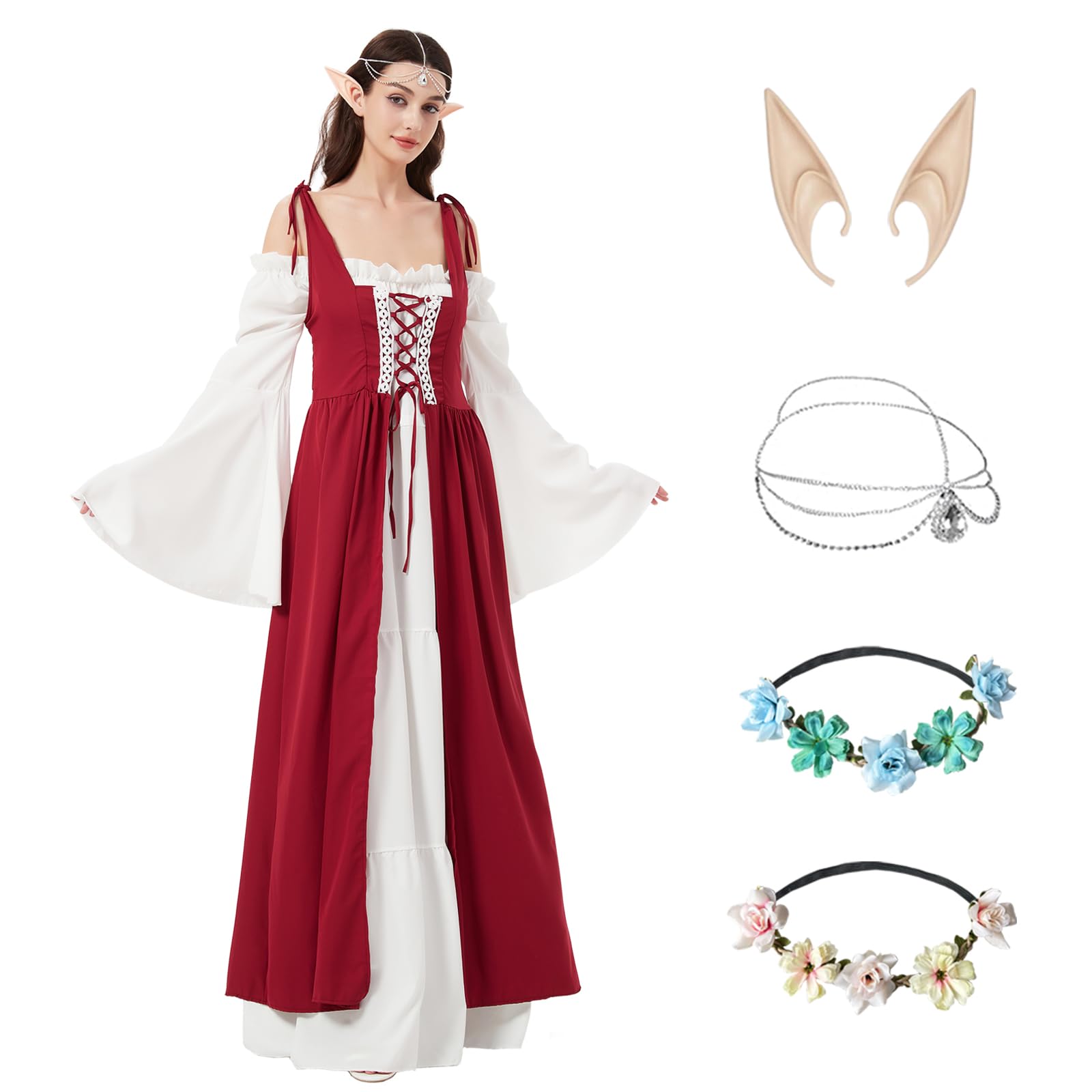 Costume médiéval pour femme, robe de Renaissance pour femme, avec oreilles d'elfe et 3 accessoires de cheveux, costume de femme pour carnaval, Halloween