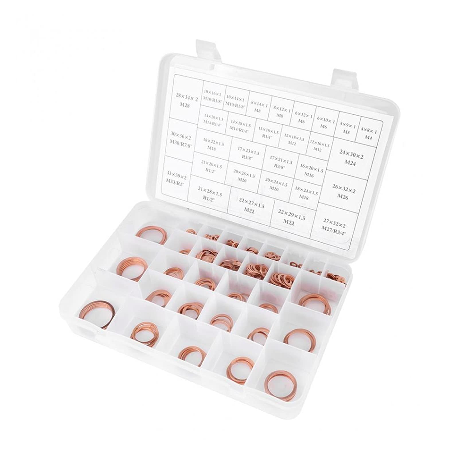 Wshao store 568 sztuk/zestaw miedzianych uszczelki Uszczelki Płaska pierścień Zestaw z plastikowym pudełkiem Zestaw asortymentowy ZESTAWY SAMPY WTYCNE PRZEŁĄCZNIK COPER WASHER