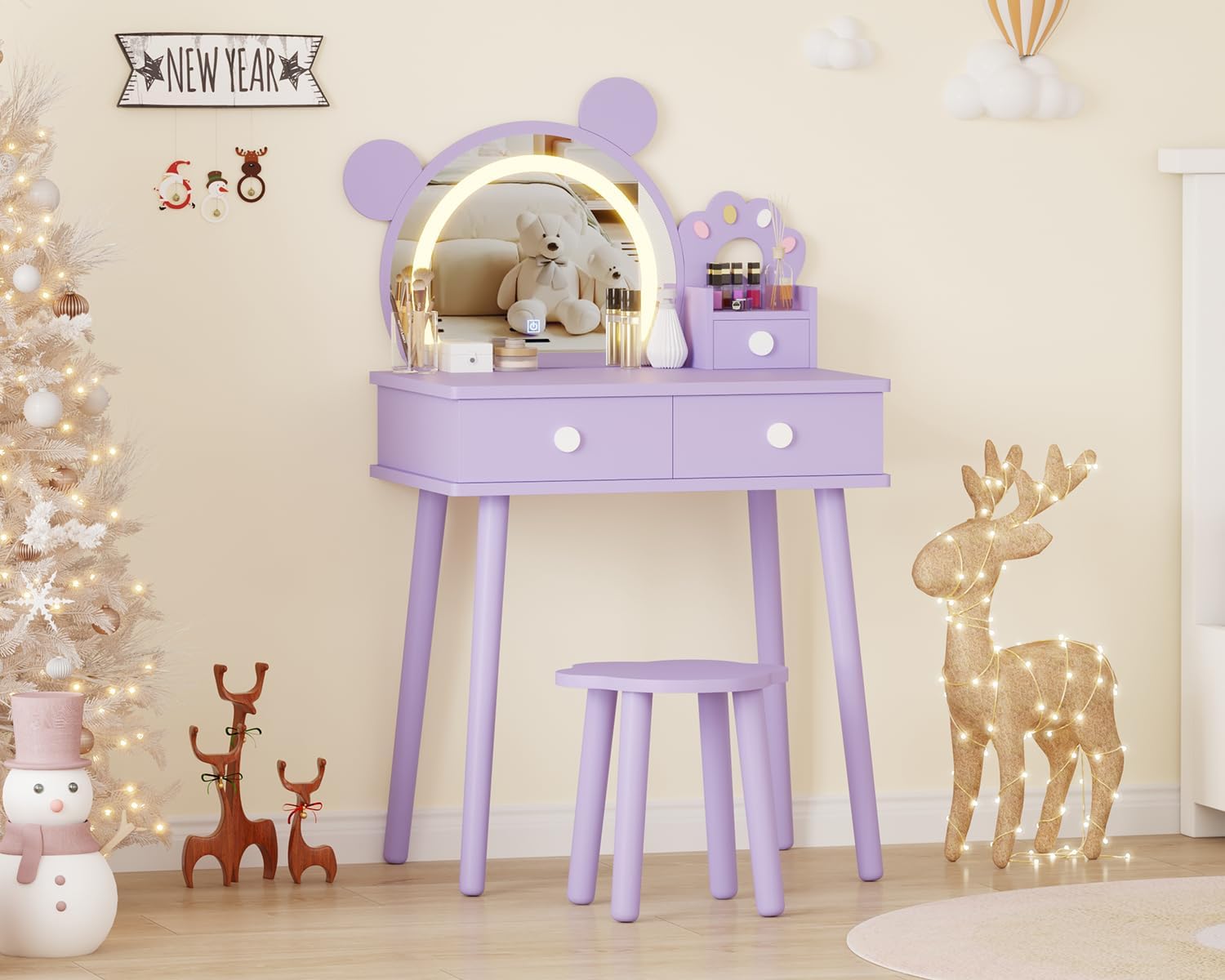 Aptliton Kids Vanity Table Set with LED Lights,Bear-Shaped Dressing Table & Storage Drawers,Wooden Princess Toddler Makeup Table Set with Chair,Children’s Dressing Table for Girls Bedroom,Purple