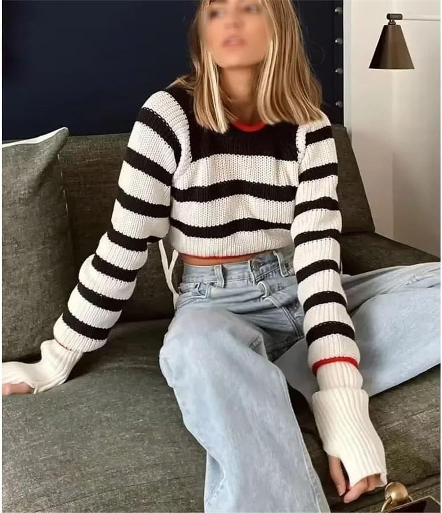 Women's Loose Fit Strappy Backless Color-Blocked Pattern Knit Short Sweater