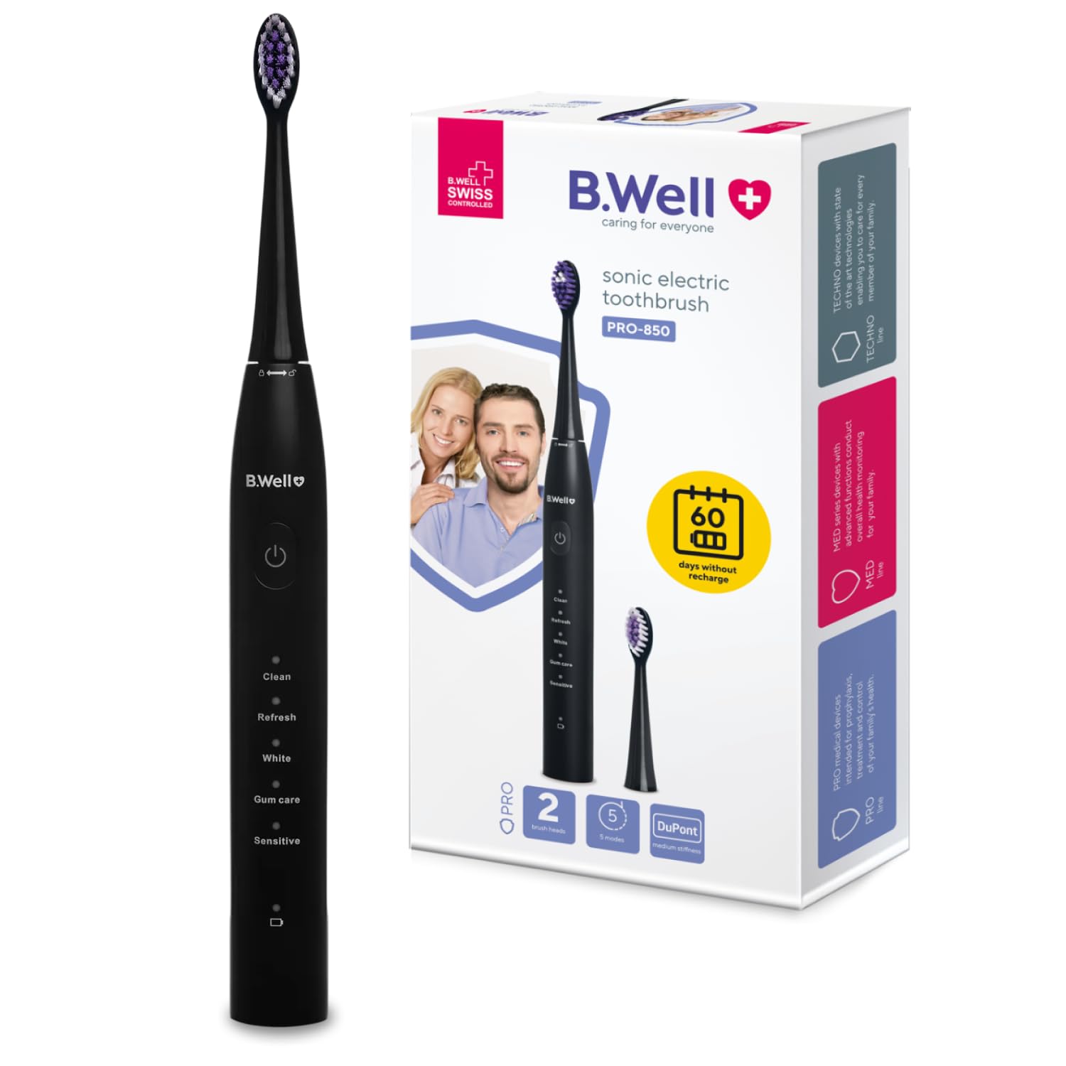 B.Well Swiss Elektrische Schallzahnbürste PRO-850, Zahnbürste mit 5 Betriebsmodi, 2 Monaten Akkulaufzeit und Timer, Inkl. 2 verschiedenfarbiger Bürstenköpfe mit DuPont-Premium-Borsten, Schwarz