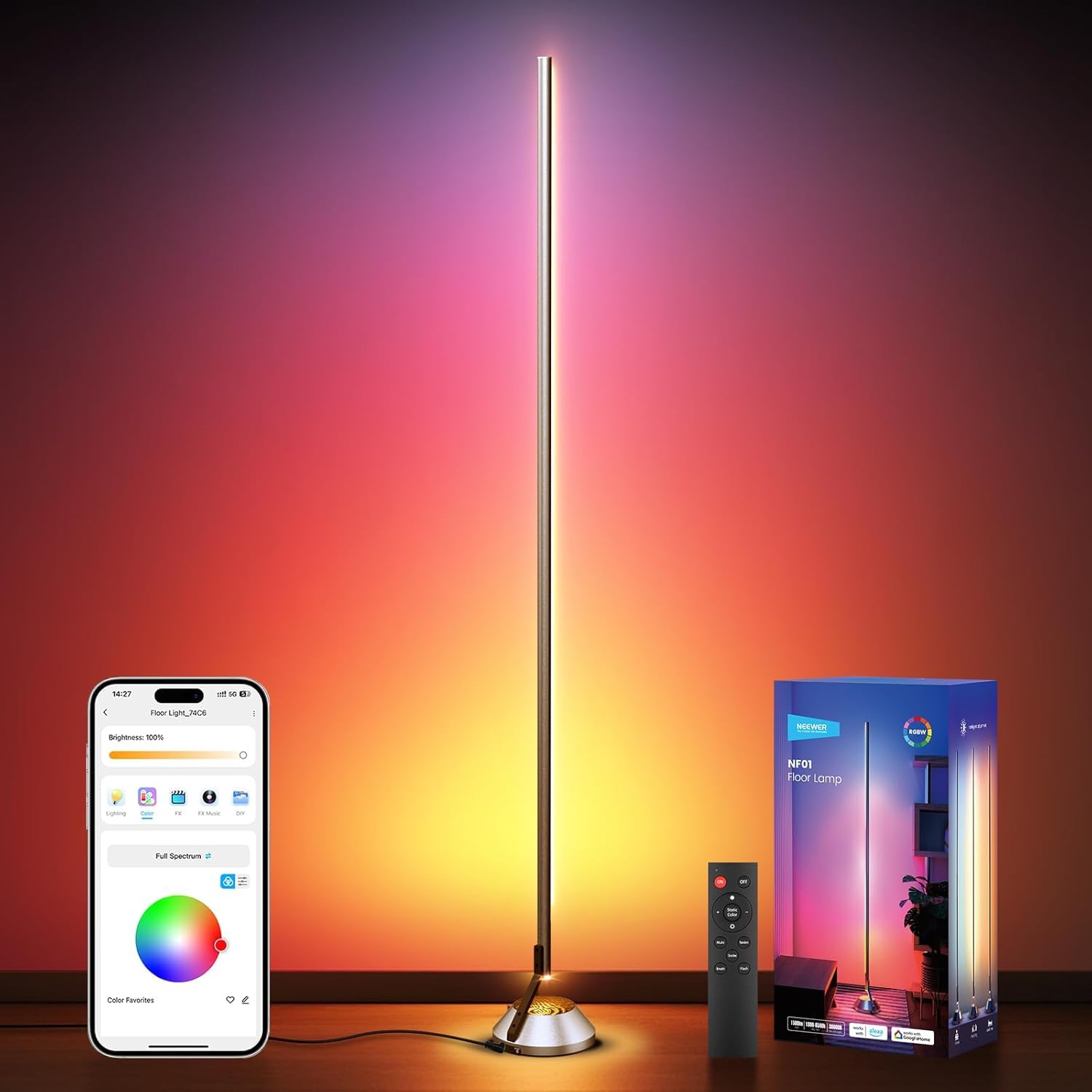 NEEWER Inteligentna lampa podłogowa RGBW, lampa narożna LED o mocy 1500 lm, kompatybilna z Alexą i Asystentem Google, sterowanie aplikacją/AI DIY/synchronizacja muzyki/16 milionów kolorów, NF01