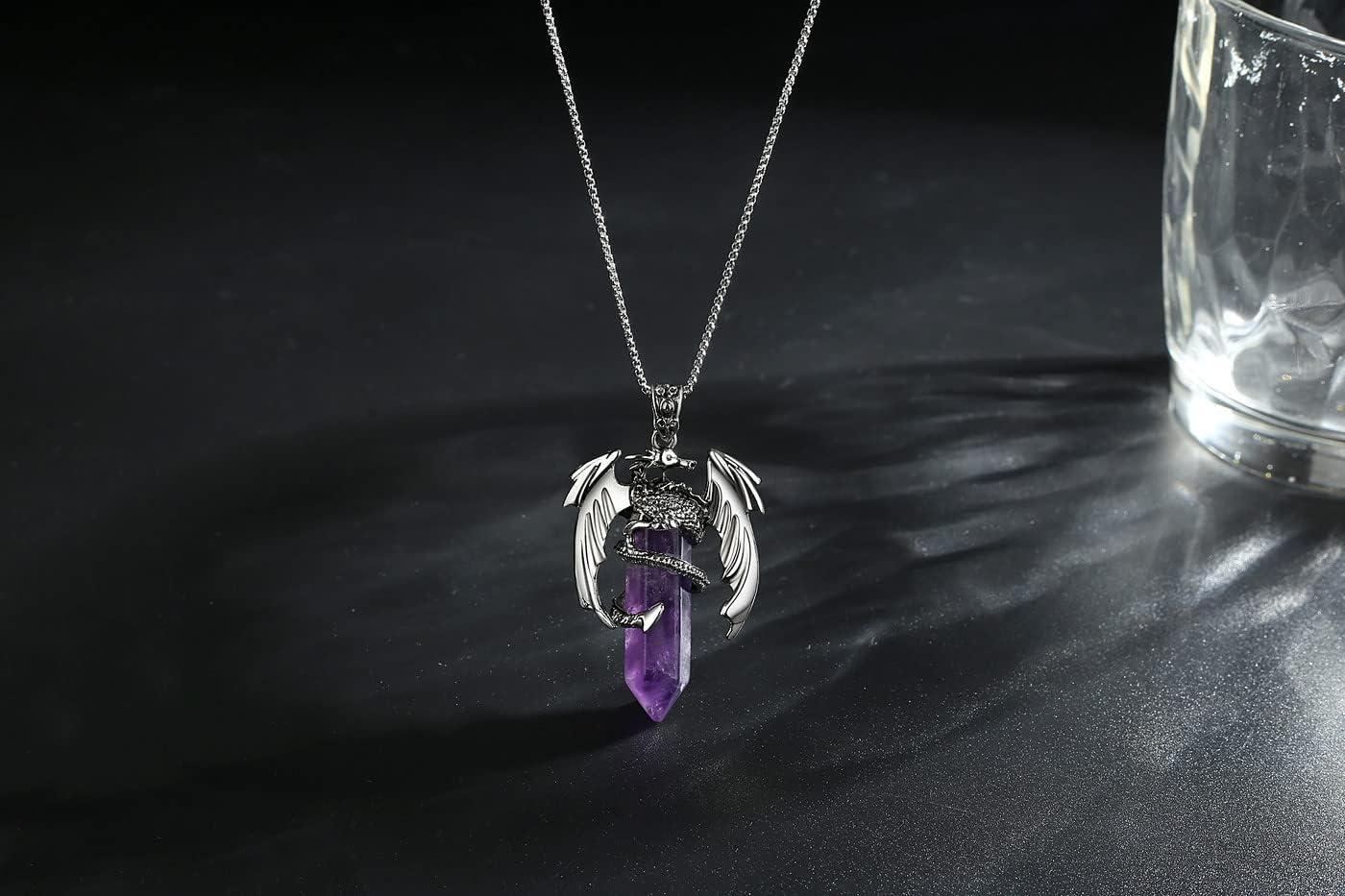 XIANNVXI Crystal Healing Stone Necklace for Men Women Amethyst Vintage Dragon Necklace Cool Simple Retro Natural Reiki Spirtural Witch Gemstone Pendant Jewelry - Image 2