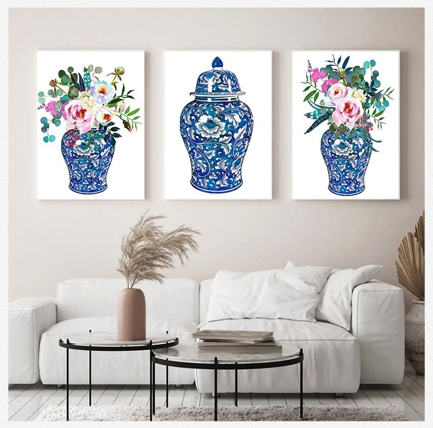 3 piezas de arte de pared de jengibre ramos de acuarela chinoiserie decoración lienzo impreso floral botánico póster florero rosas pintura porcelana disponible en Yaxa Colombia
