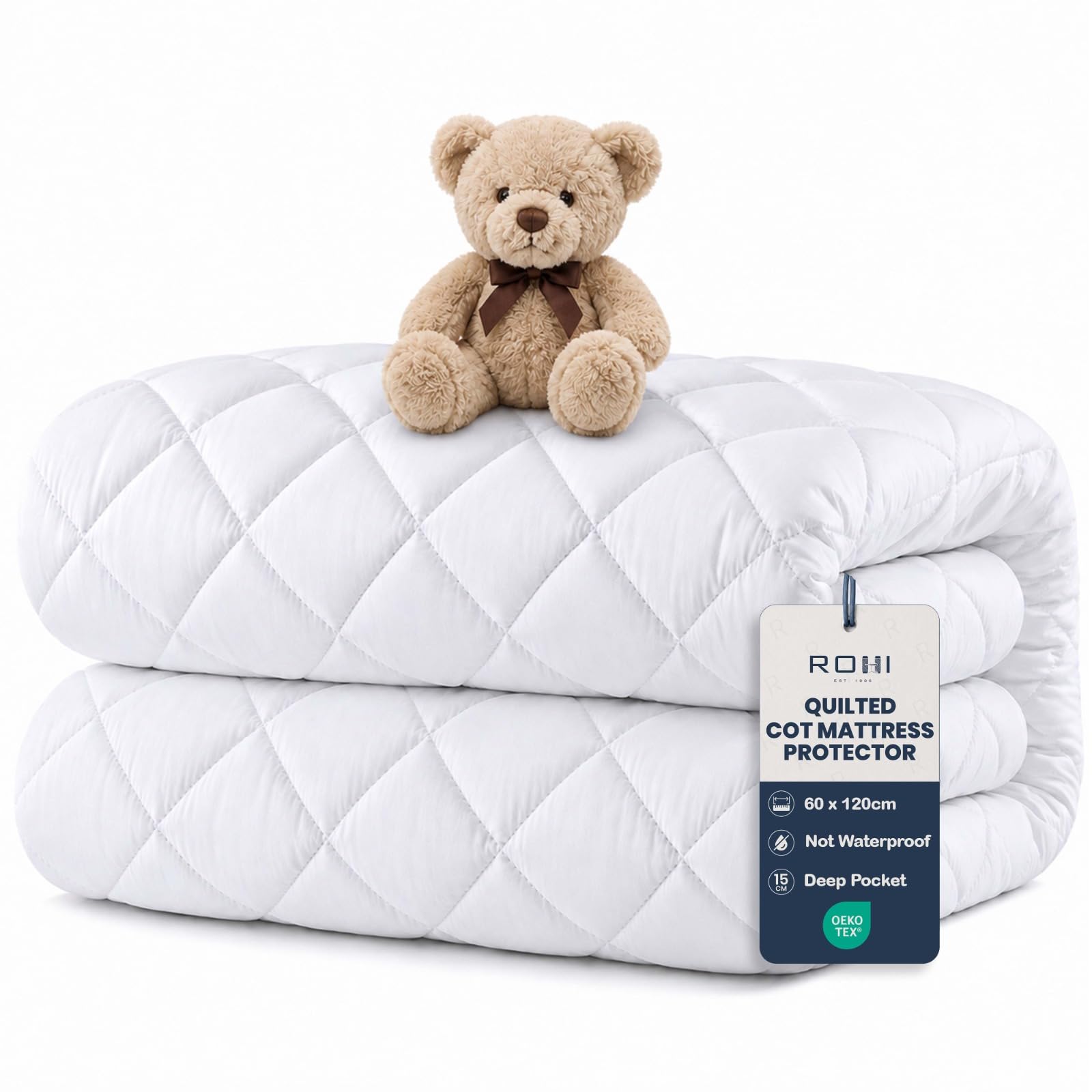 Rohi White Microfibre 15Cm Deep Quilted Cot Bed Mattress Protector 60 X 120Cm – Microfibre Bed Bug & Dust Mite Proof Cot Mattress Cover, Breathable & Anti Allergy, 6″ Deep Fitted Mattress Cover