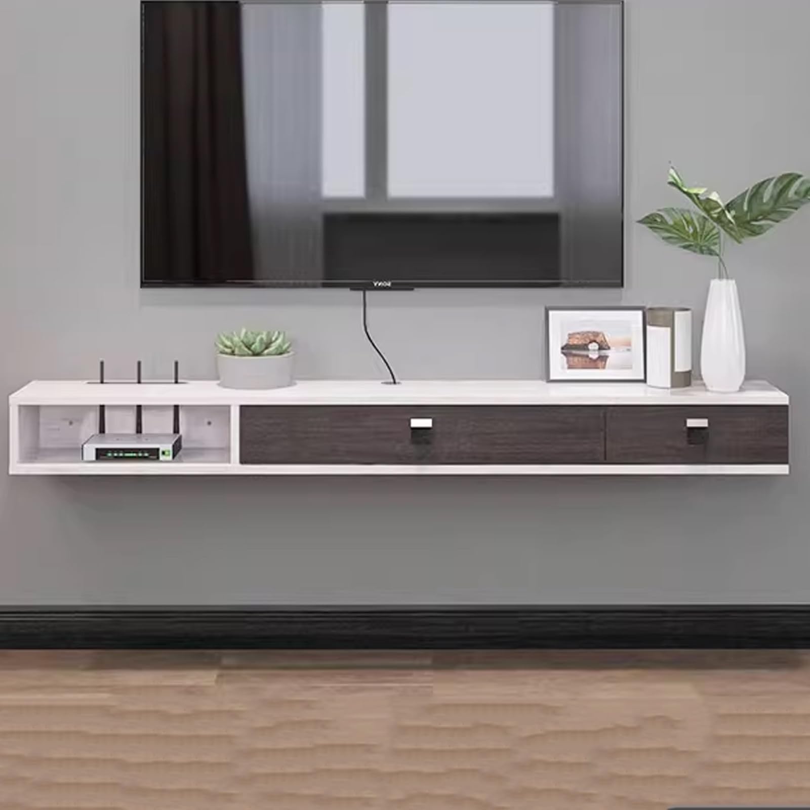 Meuble TV flottante blanc 120cm avec tiroirs de rangement pour salon