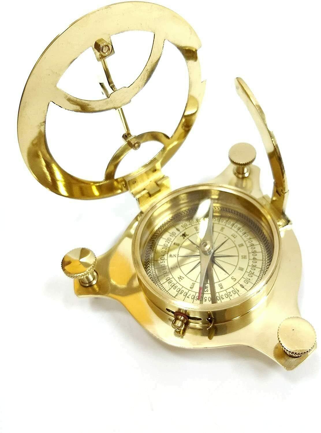 Antique Brass Sundial Compass – 4-Inch Large Vintage Nautical Compass with Calibrated Dial, Functional Maritime Navigation Instrument with Sundial, Decorative Collectible for Outdoor-picture-32