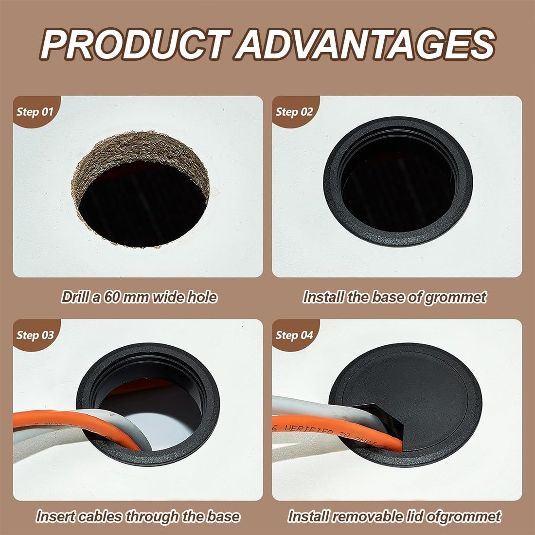6 Piezas Pasacables Escritorio, 60 mm Cubierta de Orificio de Cable, Cable Ojales Escritorio Computadora, Cables Mesa Pasacables Redondos, Plástico Tapa Redondo Escritorio Mesa Mueble, Negro