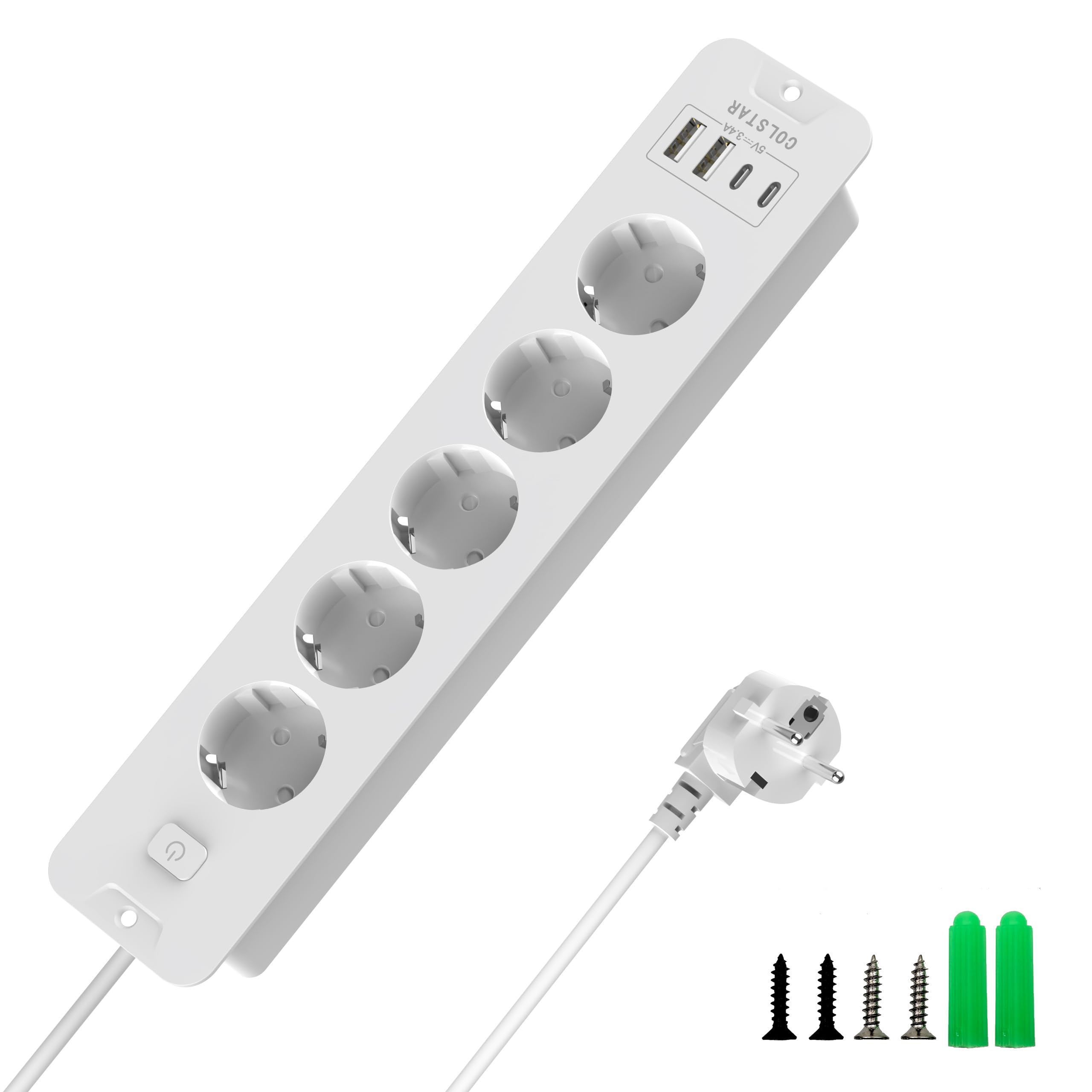 Versenkbare Steckdosenleiste 5-Fach mit 4 USB (2 USB-C, 2 USB-A), 16A, 2 m Kabel, Energiesparschalter – Unsichtbare Einbausteckdose für sauberen Schreibtisch