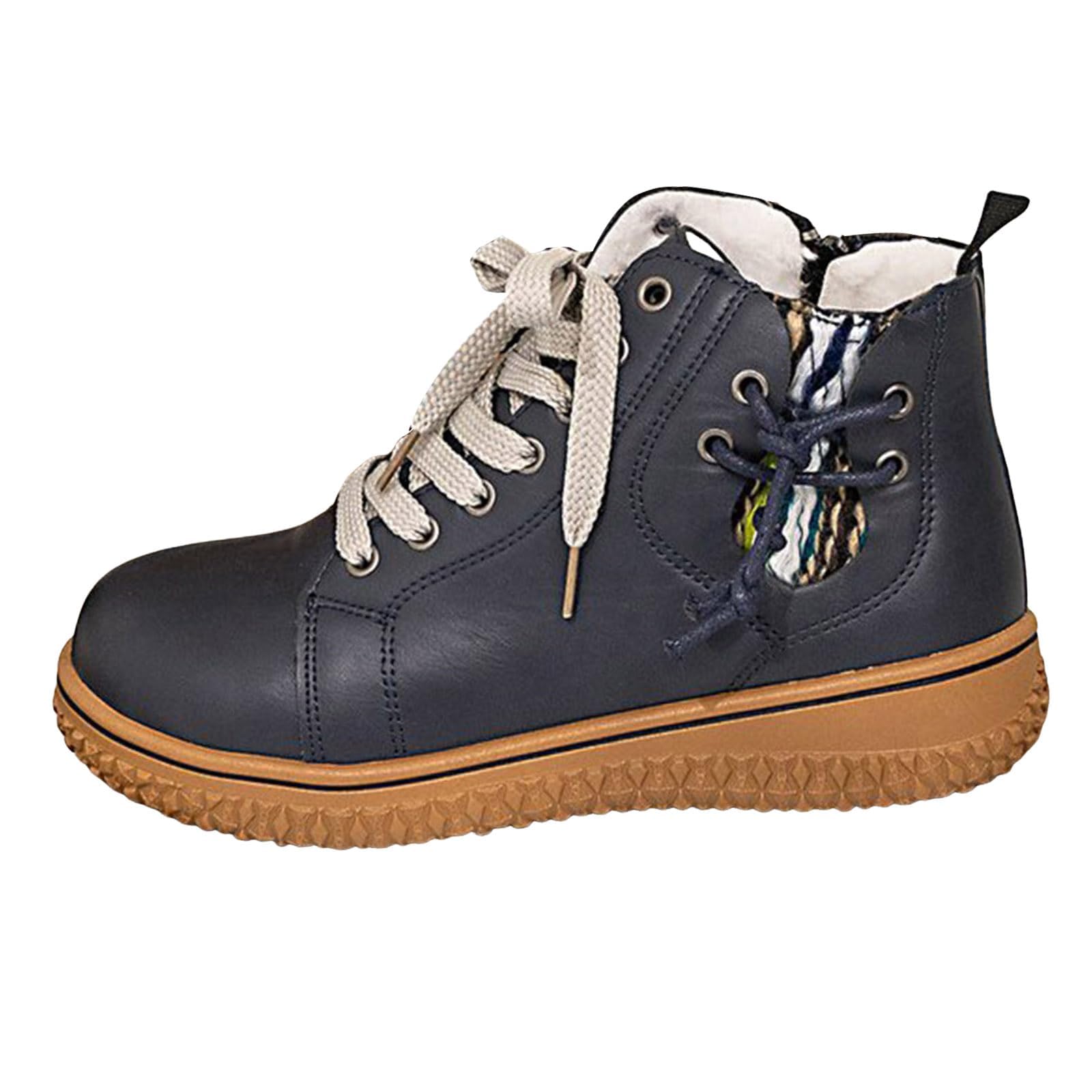 Ankle Boots for Women 2025 Leather Lace Up Side Zipper High-Top Ankle Boots Retro Round Toe No Heel