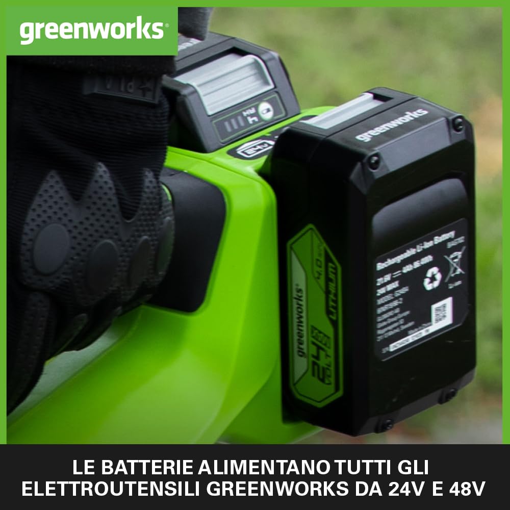 Greenworks Batterie 24V e Caricabatterie Doppio Slot - Due Batterie Ricaricabili 4Ah per Tutti gli Elettroutensili Greenworks 24V, Uscita 48W Tensione 4A, Carica Singola in 60 Minuti - G24B4 & G24X2C