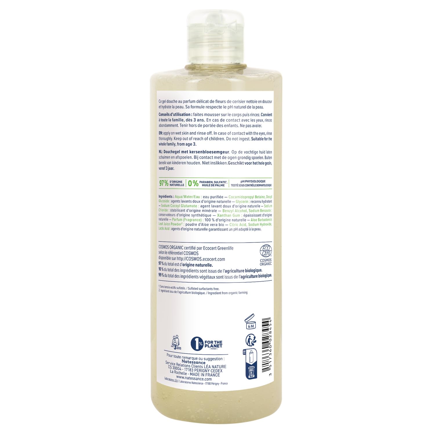 Gel douche hydratant bio pour un moment de douceur quotidien — NATESSANCE fleurs de cerisier format 500mL - Lot de 3