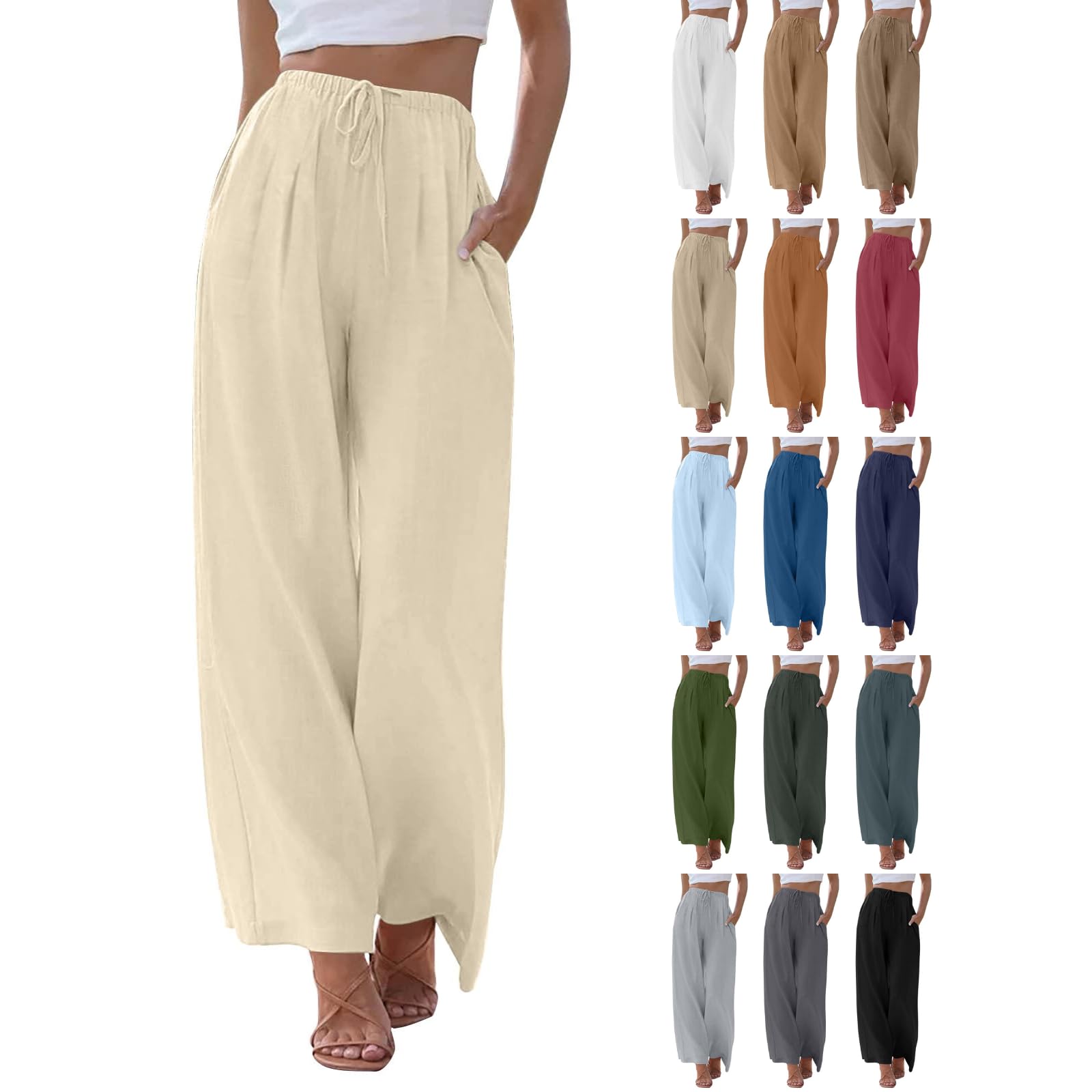 Womens Wide Leg Pants Linen Cute Boho Flowy Elastic Waist Pull On Palazzo Pants with Pockets Lightweight Summer Comfortable Drawstring Wrap Long Pajama Pant Bottoms Bohemian Clothes