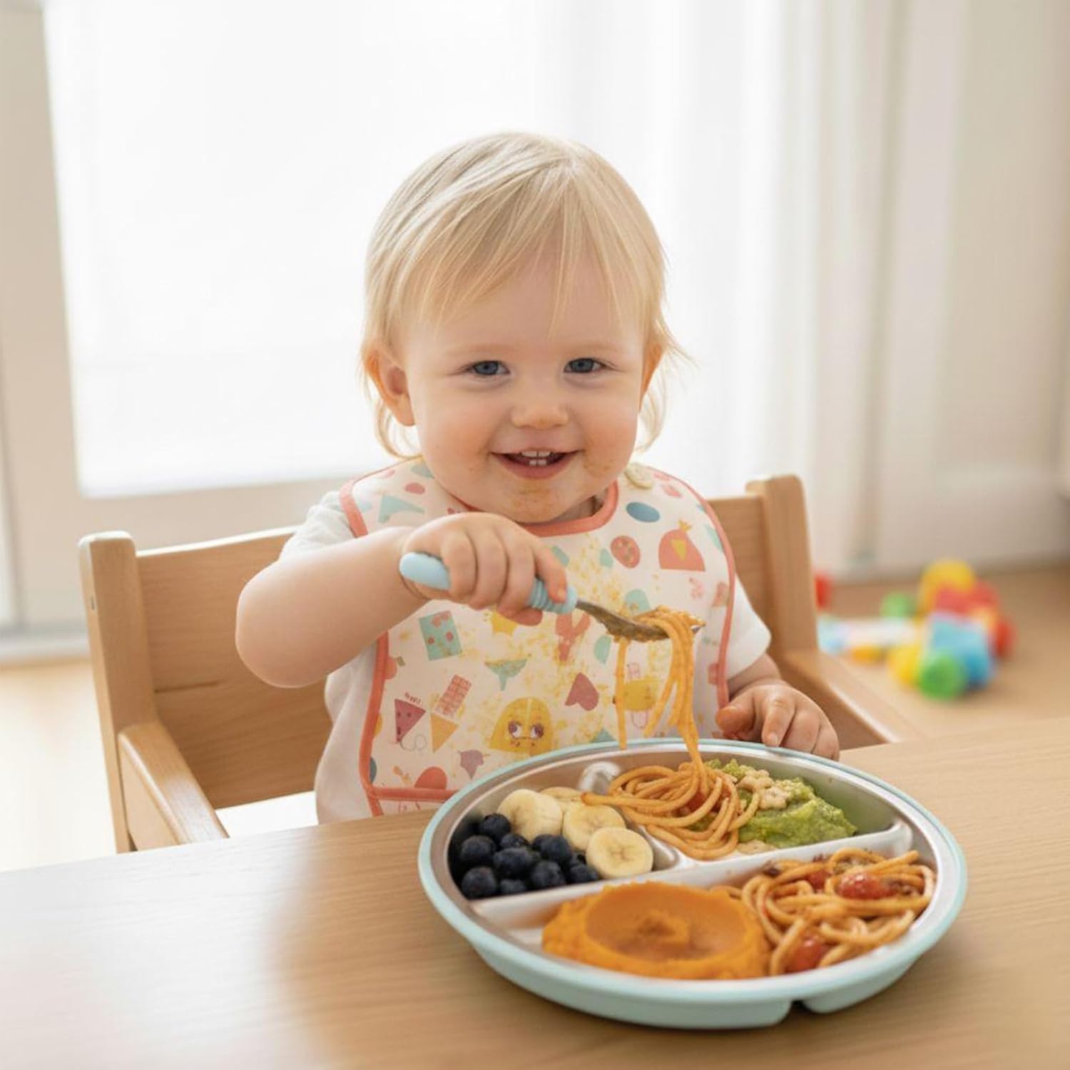 PandaEar 3er Set Edelstahl Baby Saugteller mit Deckel, Geteilter Kinderteller mit Saugnapf, Rutschfester Baby Teller für Beikost & Baby Led Weaning, Spülmaschinengeeignet, Blau Grün Braun