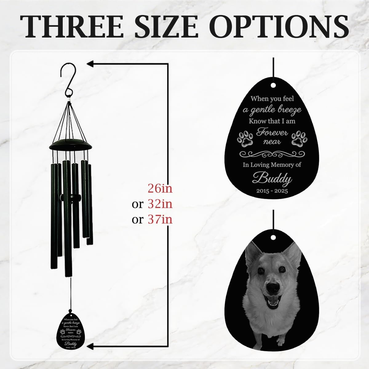 Personalized Pet Memorial Wind Chimes for Outside – Custom Sympathy Gift for Loss of Dog Cat Horse Bird- Laser Engraved with Your Pet's Photo & Name – in Loving Memory – Outdoor Garden Decor
