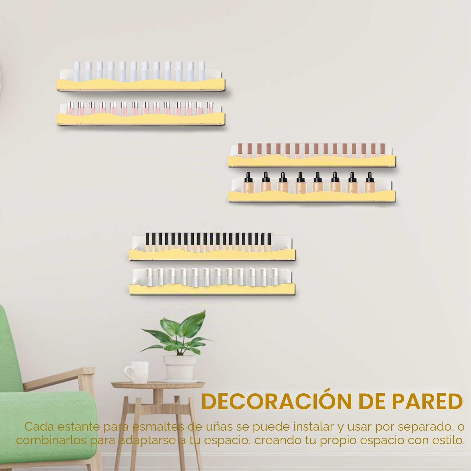 Estantería de pared para esmalte de uñas, 6 estantes colgantes de oro de estante de esmalte de uñas, 38 cm de longitud, acrílico, organizador de exhibición de uñas para 66-90 botellas