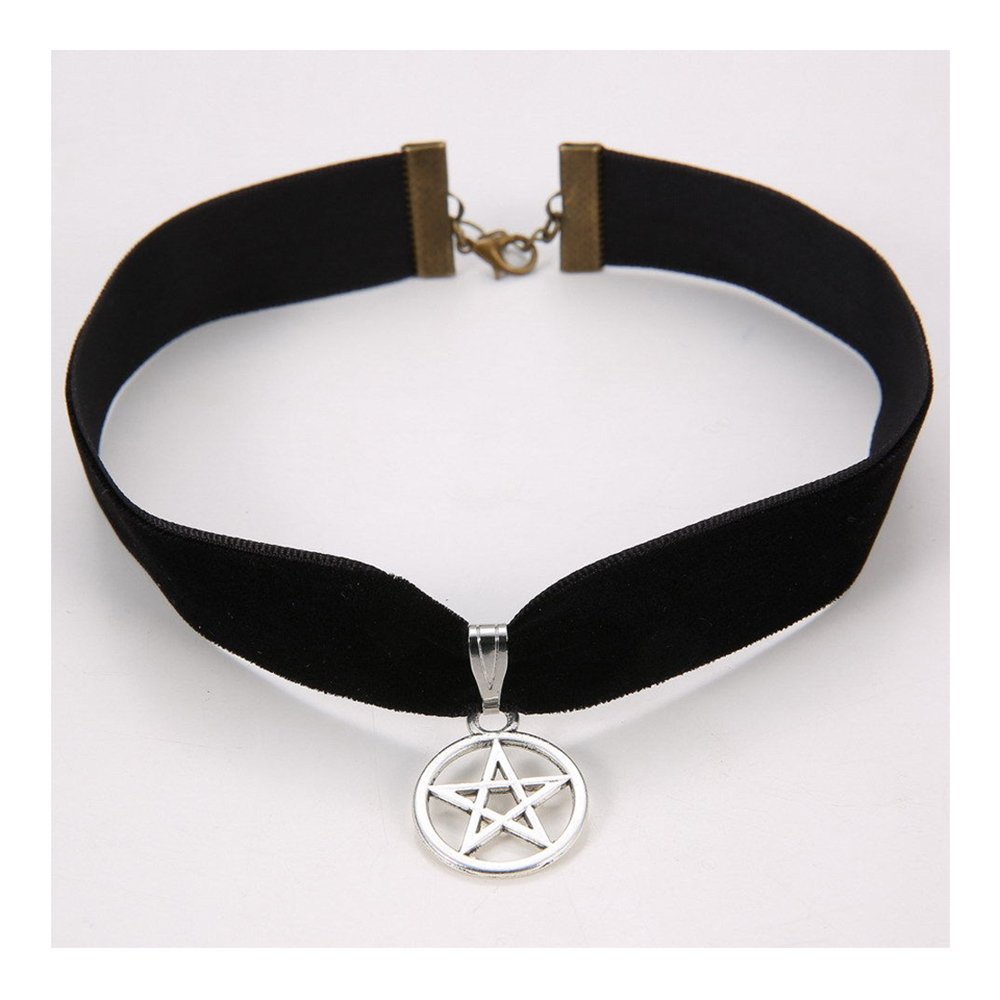 Lovely Gift Black Gothic Velvet Cord Choker Charm Necklace Pendant Retro Boho Tibetan Silver 1pc Pentagram Round