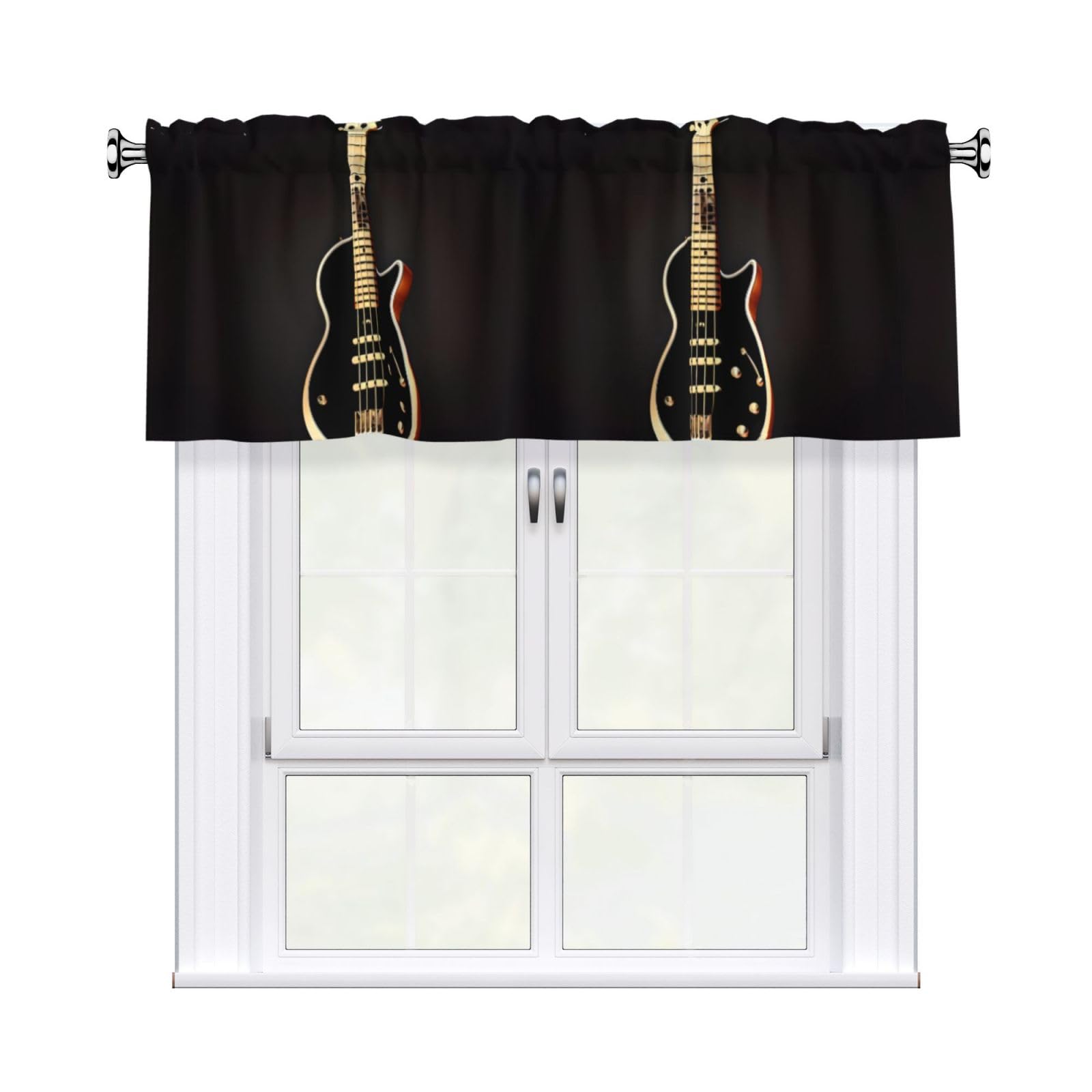 WHJDPP Black Guitar Prints Charming Kitchen Window Cover – 54x18 Inch Peach Skin Valance with Decorative Print