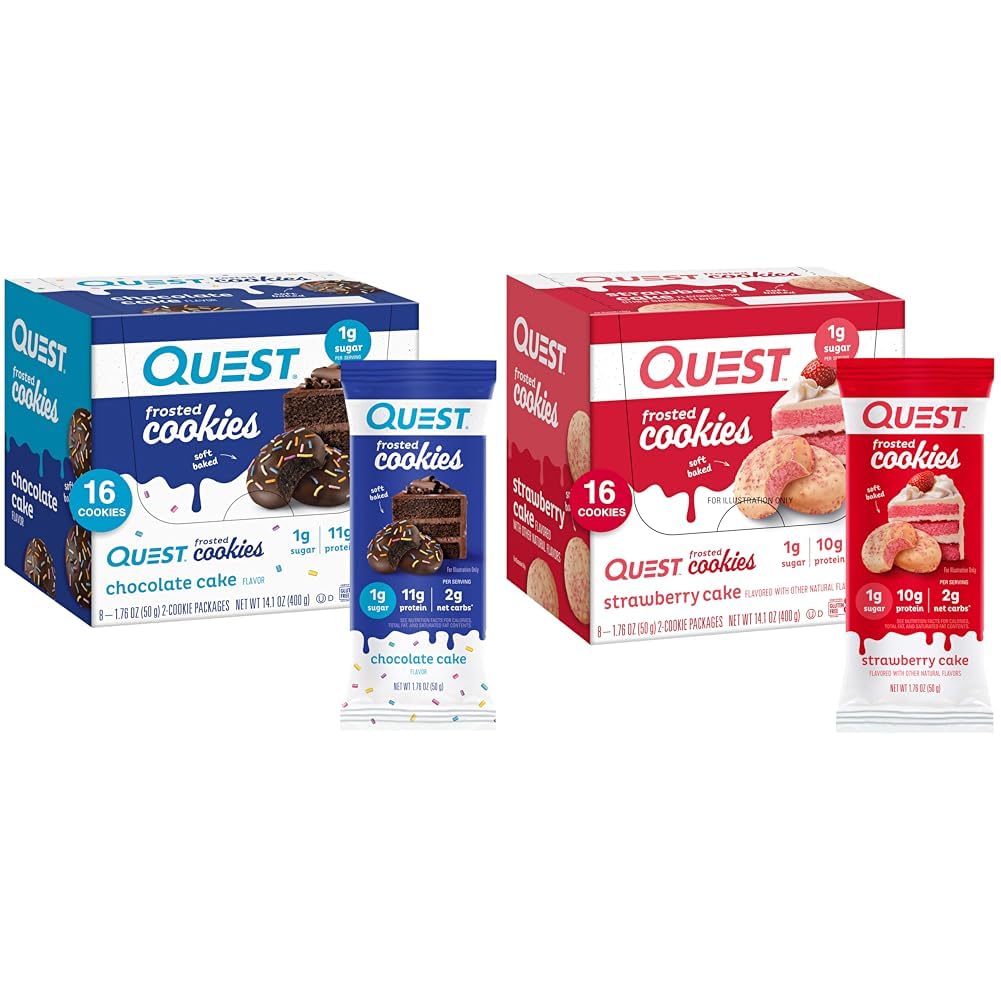 QuestNutrition Frosted Cookies Twin Pack Bundle, Chocolate Cake 1g Sugar 11g Protein 2g Net Carbs and Strawberry Cake 1g Sugar 10g Protein 2g Net Carbs, Gluten Free, 16 Cookies Each