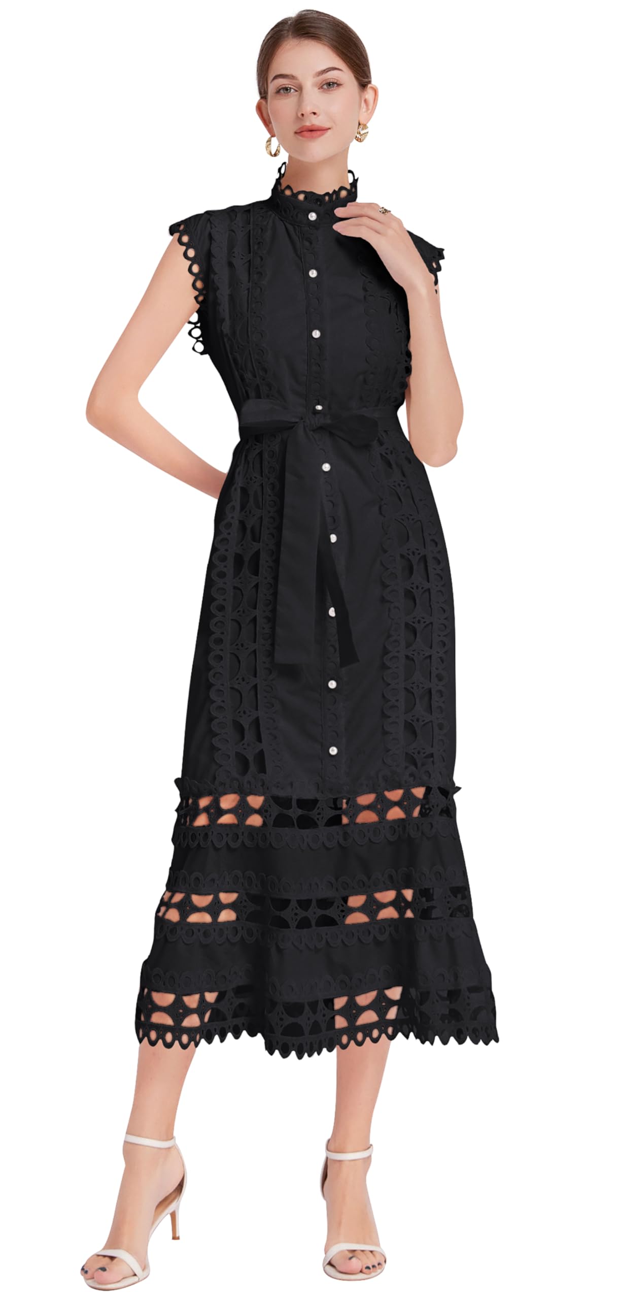 LAI MENG FIVE CATS Women's Summer Sleeveless Hollow Out Lace Button Up Casual Midi Party Dress with Belt