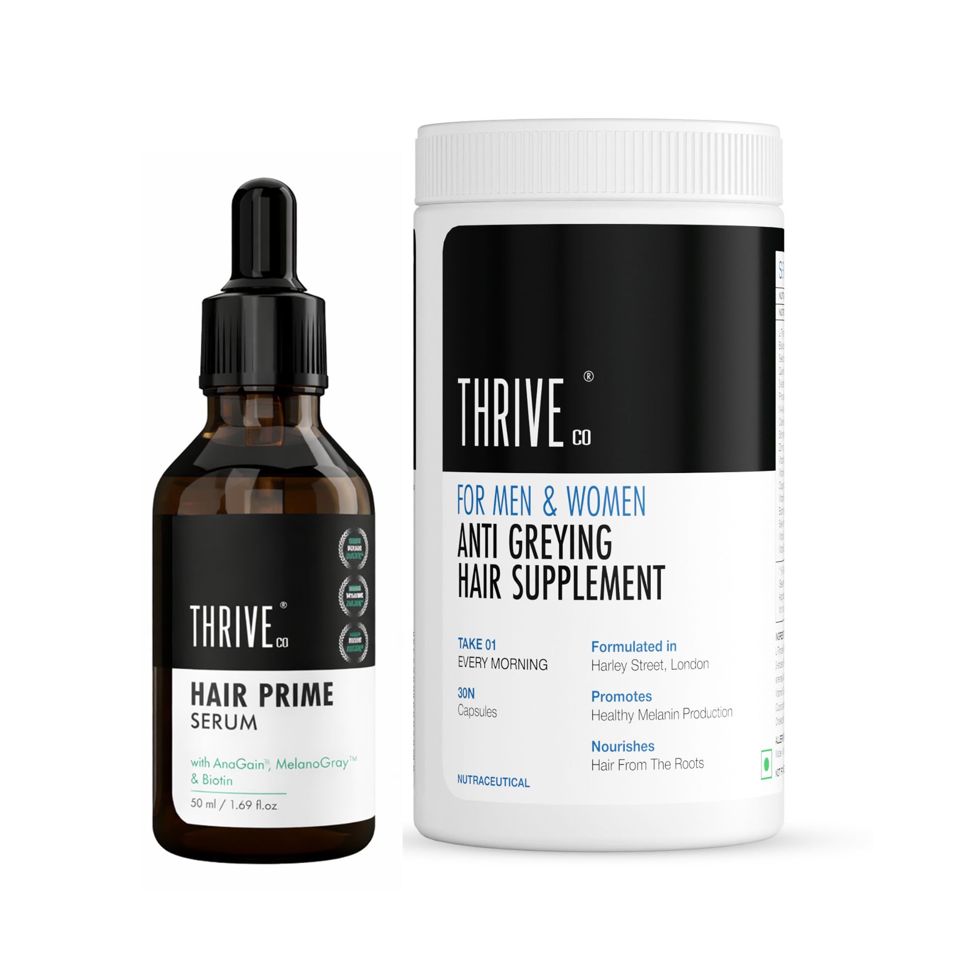 ThriveCo Hair Prime Serum 50ml with Anti Hair Greying Supplement (30 Capsules) | Hair Fall Control | For Men & Women