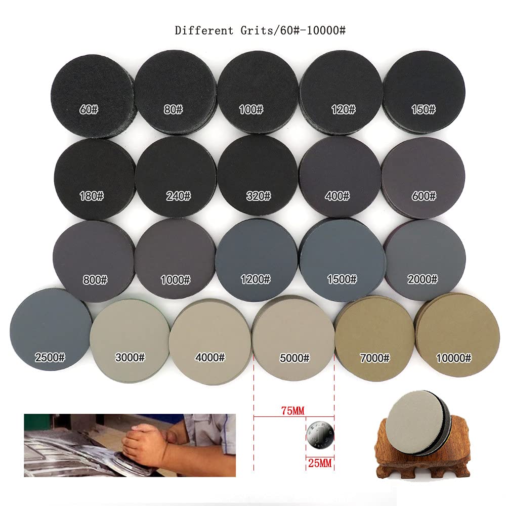 100Pcs 3 Pollici 75mm Dischi Abrasivi Impermeabili Hook Loop Carburo di Silicio Carta Vetrata Wet/Dry 60-10000 Grana Per Lucidatura Rettifica,60.600 Assortiti