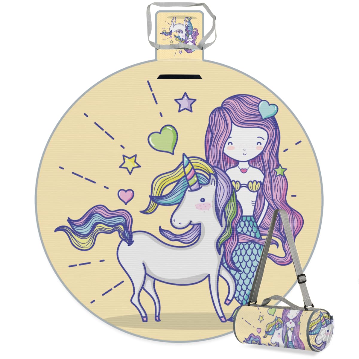 Shimoshe Mermaid Unicorn Horse Picnic Outdoor Blanket Foldable Waterproof Sandproof Beach Blanket Portable Water-Resistant Round Picnic Mat for Travel Camping Park Lawn