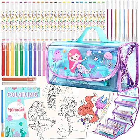 66 Pcs Washable Markers Set for Girls with Glitte Pencil Case, Birthday Gifts for Girls 4 5 6 7 8 Year Old, Coloring Set with Mermaid Coloring Pages Cover