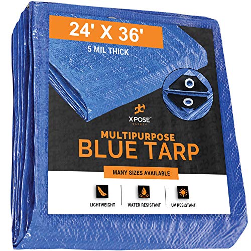 ❤ Crazy Deals Better Blue Poly Tarp 24' x 36' - Multipurpose Protective Cover - Lightweight, Durable, Waterproof, Weather Proof - 5 Mil Thick Polyethylene - by Xpose Safety