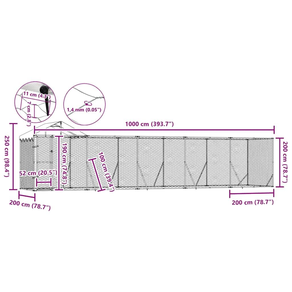 Zewnętrzna hodowla dla psów z dachem, 10 x 2 x 2,5 m, ocynkowana stal, dla psów, szczeniaków, zwierząt domowych, srebrna, odporna na warunki atmosferyczne, bezpieczny kojec dla królików i kaczek
