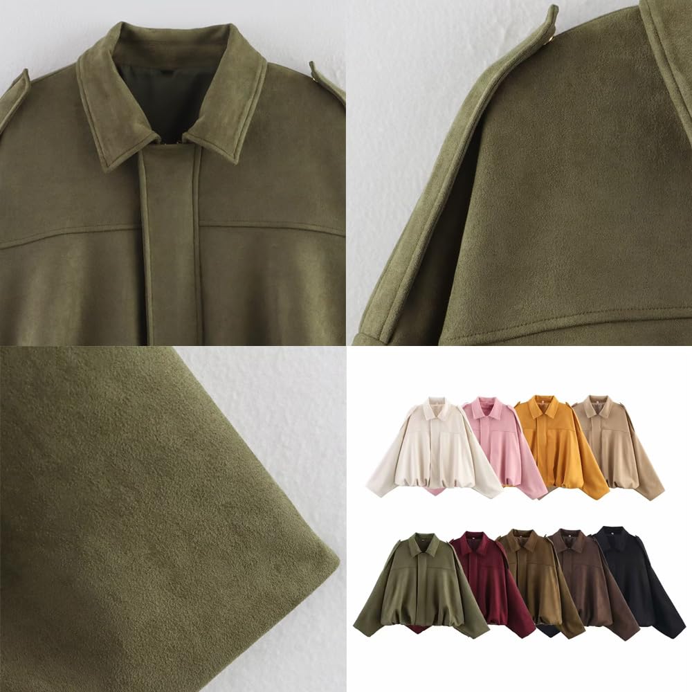 Generisch 2025 Womens Faux Suede Bomber Jacket Lapel Collar Zip Front Coat Long Sleeves Trendy Y2K Streetwear Outerwear