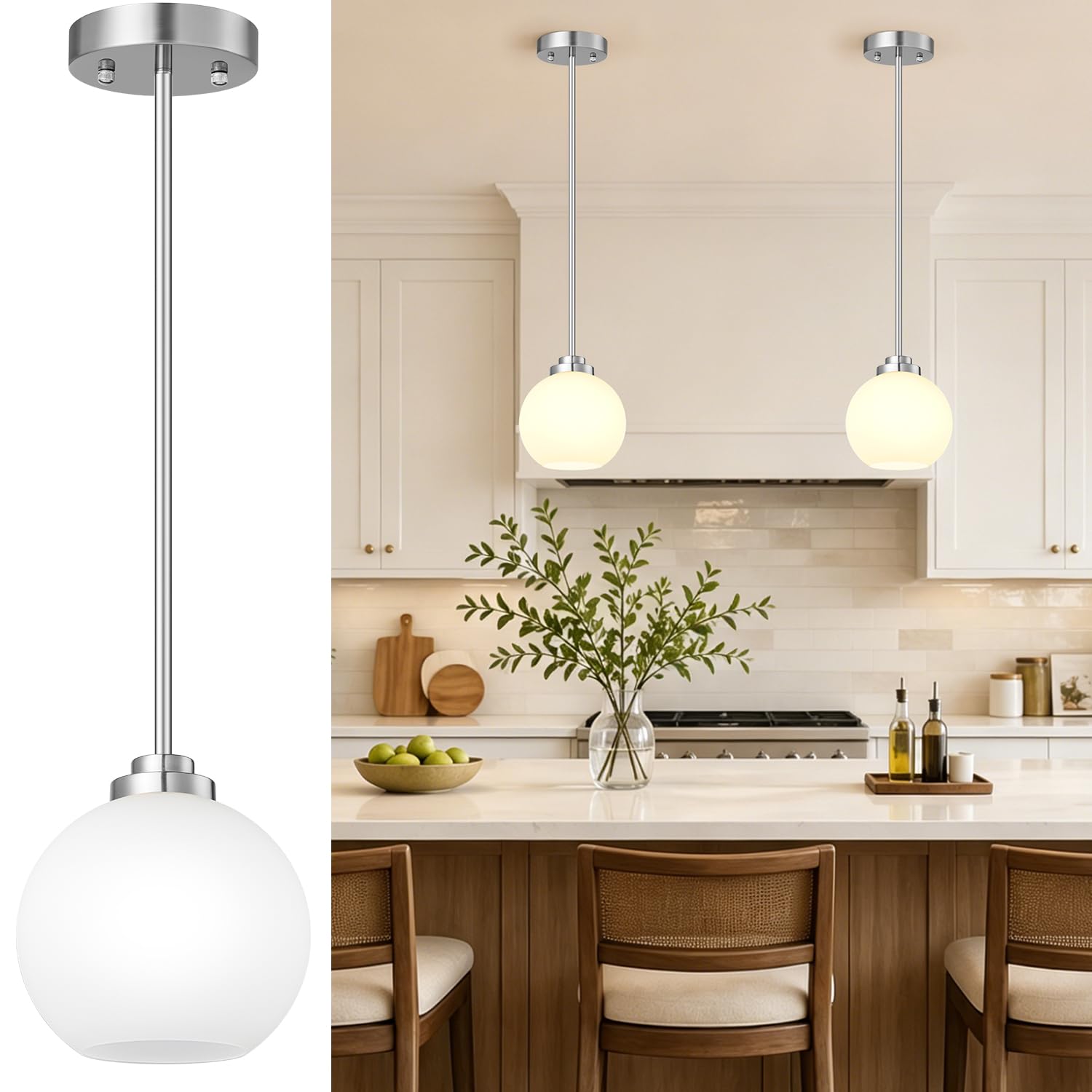Photo 1 of MQMQA 2 Pack Globe Pendant Lights, Mid Century Brushed Nickel Pendant Light Fixtures, Globe Pendant Lights Kitchen Island with Milk Glass Shade Hanging Fixture for Dining Room (Bulbs not Included)
